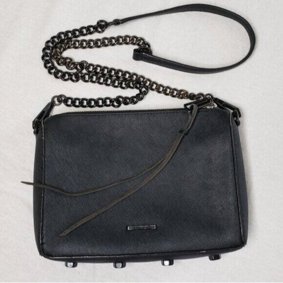 Rebecca Minkoff Avery Black Saffiano Leather Crossbody Bag Purse Studded Chain - Picture 2 of 16